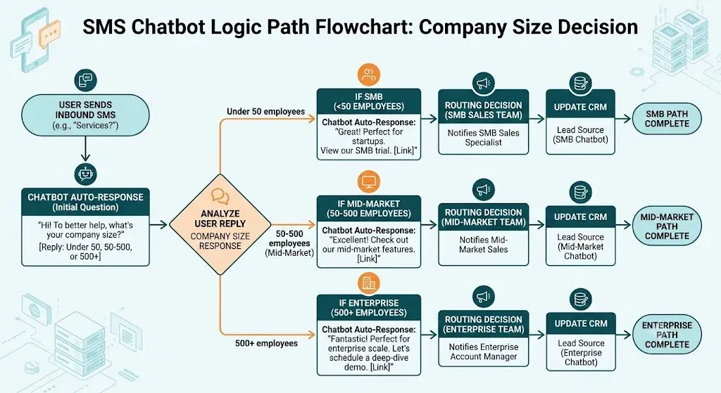 A flowchart diagram illustrating the logic path of an SMS Chatbot