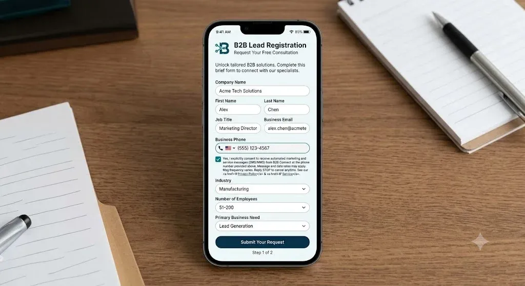 A mobile UI mockup showing a highly optimized B2B lead
