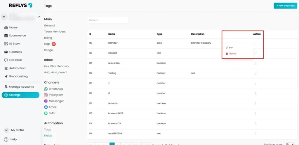 Actions of Custom User Fields in Reflys