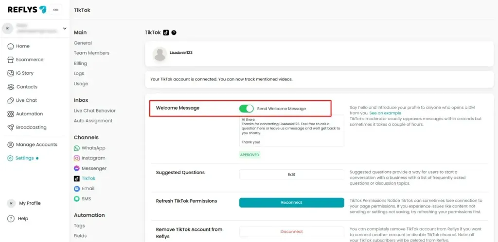 Activate a TikTok Welcome Message with Reflys