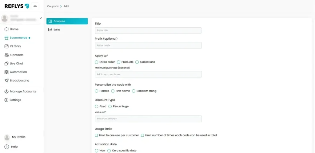 Add New Coupon for Generate Sales with Reflys