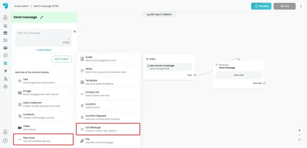 Add a List Message Block in Reflys