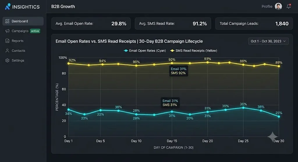 Analytics chart comparing email open rates versus SMS