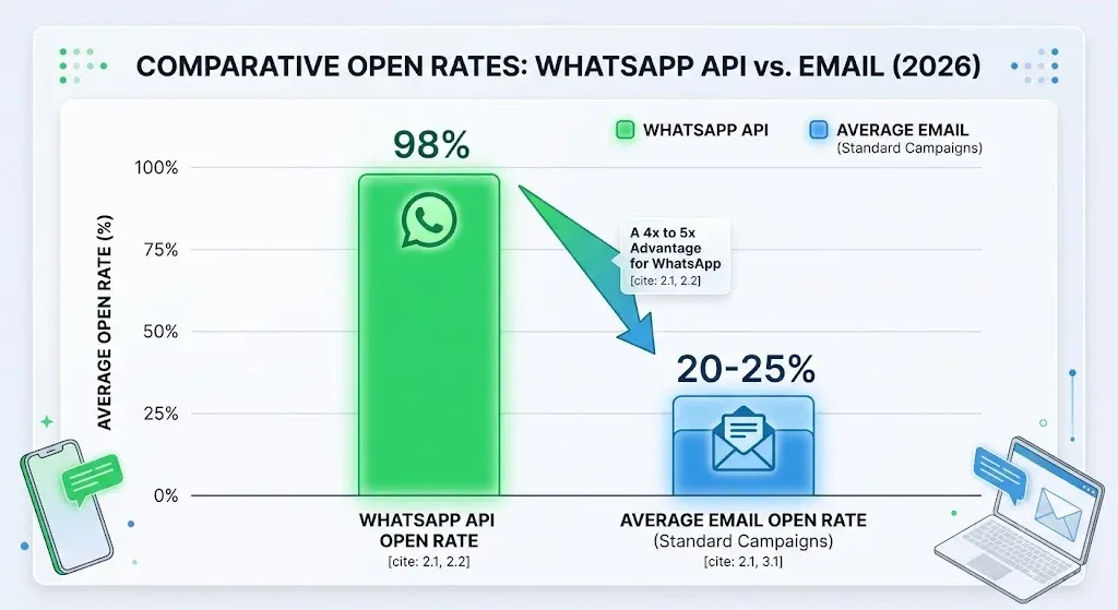 Bar chart showing high ROI for chatbot for ecommerce via WhatsApp compared to traditional email marketing
