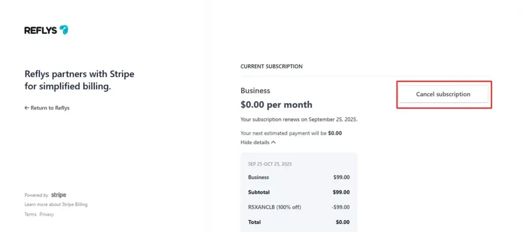 Cancel Subscription of Reflys