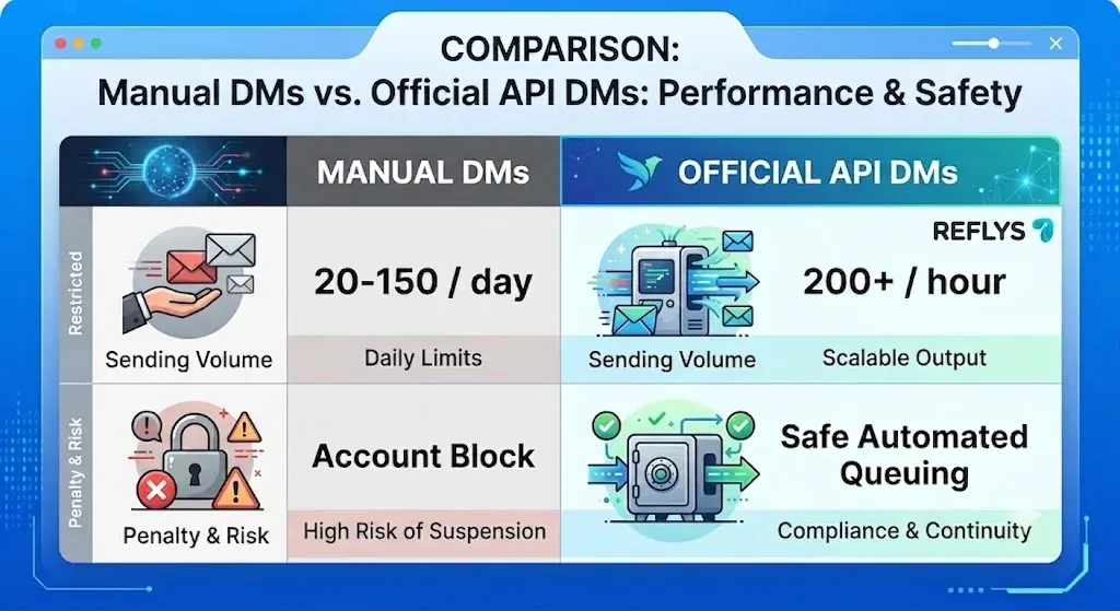 Comparison table showing manual Instagram DM limits versus the official API queuing system