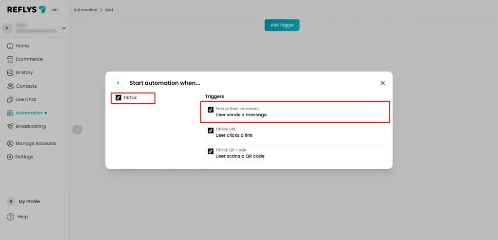 Configure User Sends a Message TikTok Automation Trigger in Reflys
