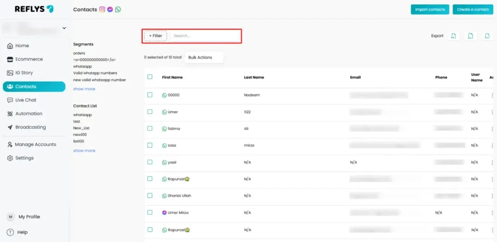 Contacts Tab in Reflys