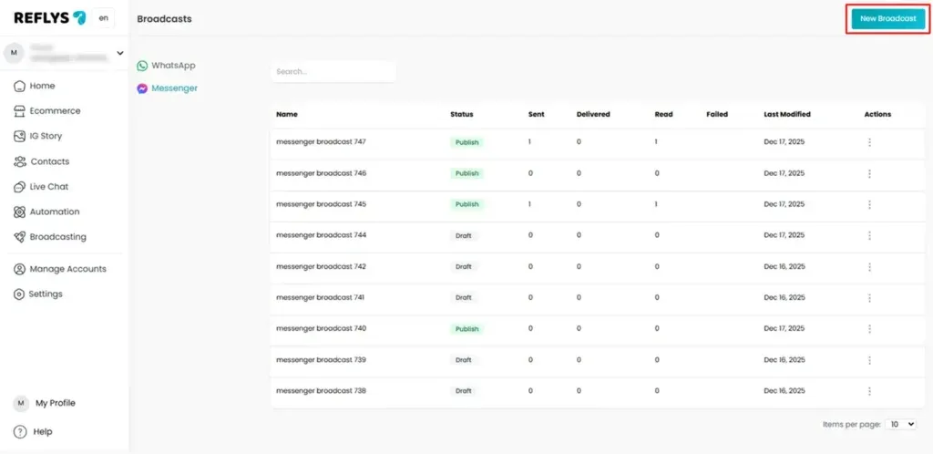 Create New Broadcasting in Reflys