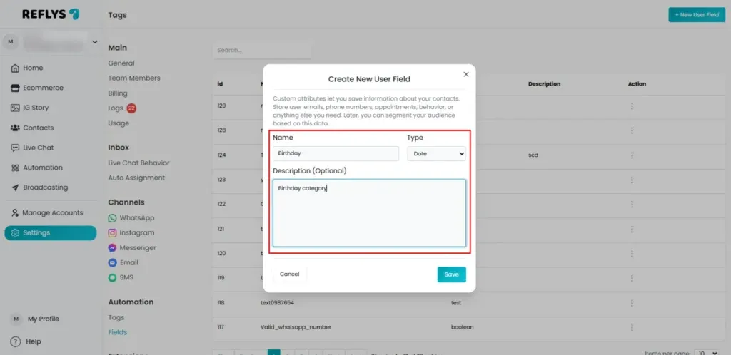 Create New User Fields in Reflys