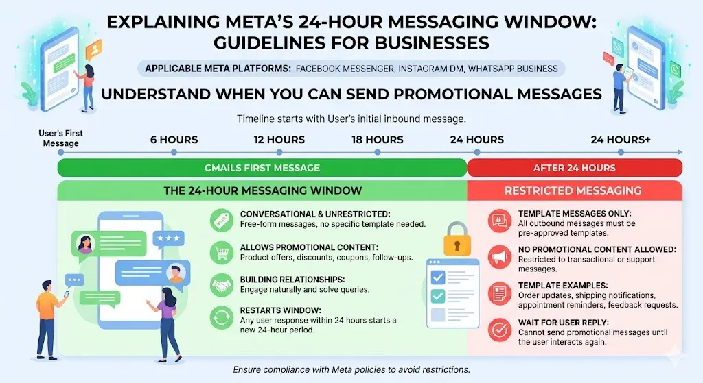 Diagram explaining Meta API compliance and the 24 hour message answer rule
