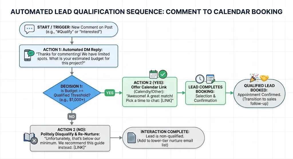 Flowchart showing an automated chat sequence designed to trigger more suggestions instagram dm