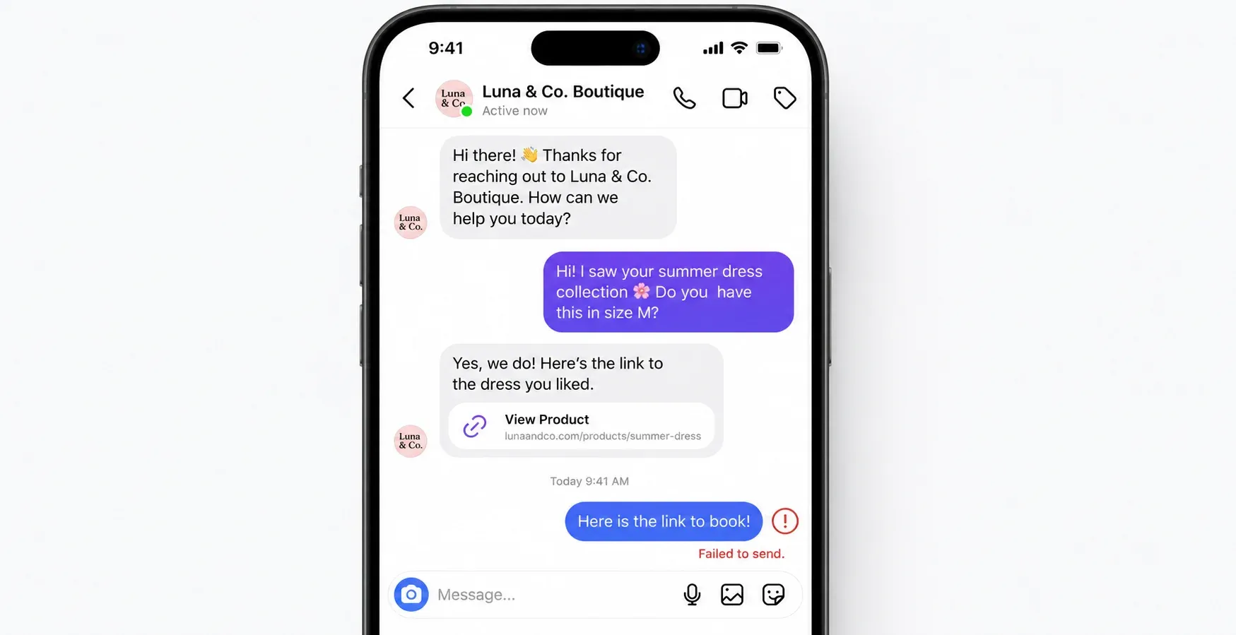 Instagram direct message screen showing the red failed to send message error notification