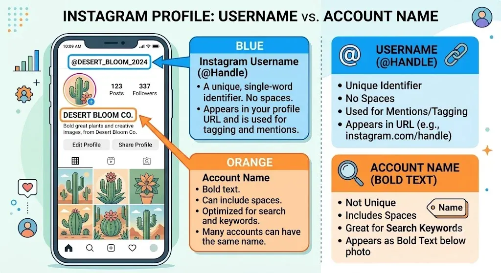 Instagram profile showing the difference between a username and an account name