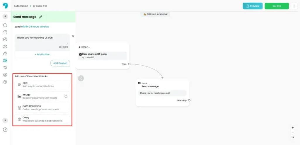 Message options you can send for TikTok Automation in Reflys