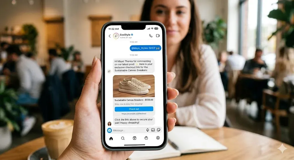 Mobile view of an automated comment to DM trigger using an ai chatbot solution for ecommerce