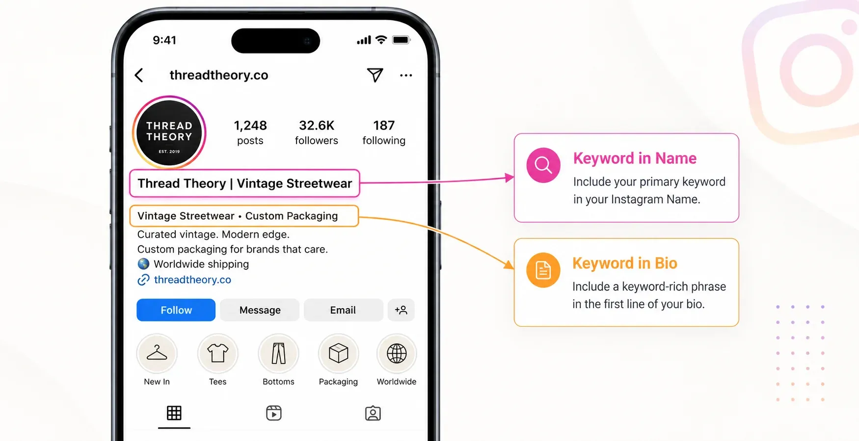 Optimized Instagram bio for an e-commerce store utilizing search keywords