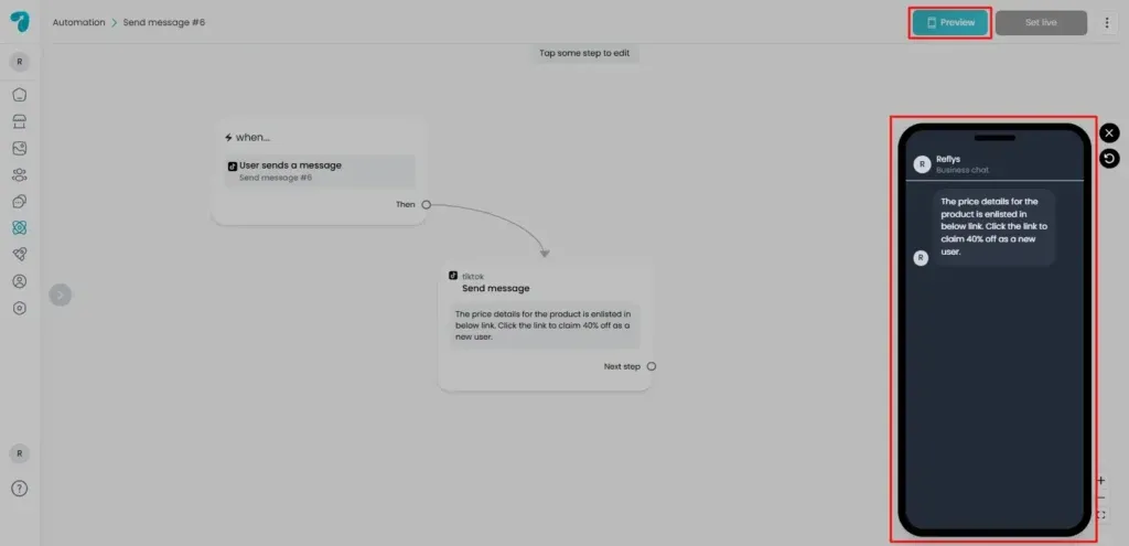 Preview TikTok Automation in Reflys of User Sends a Message