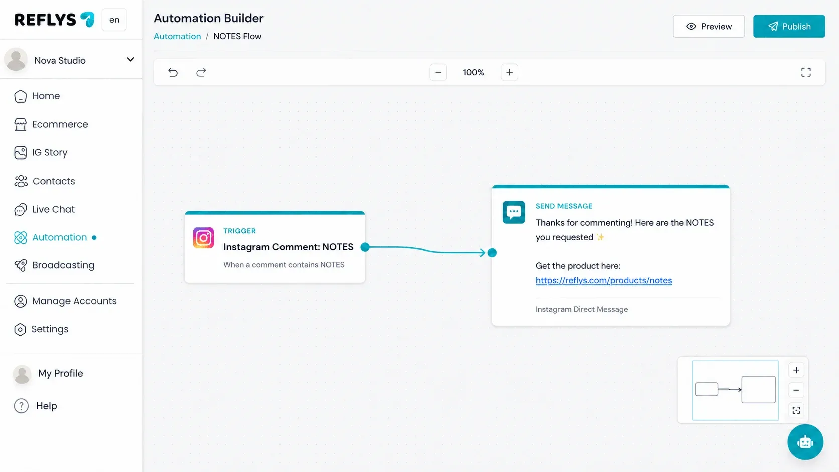 Reflys flow builder showing a comment-to-DM trigger for keyword NOTES