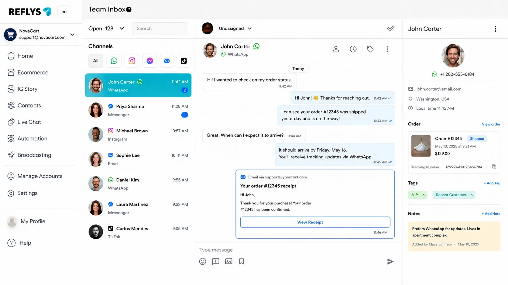 Reflys unified inbox showing both email and WhatsApp customer messages in one thread.