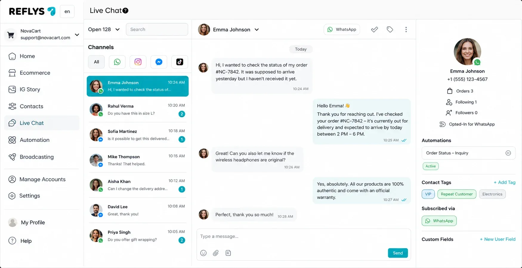 Reflys unified team inbox showing WhatsApp and Messenger chats