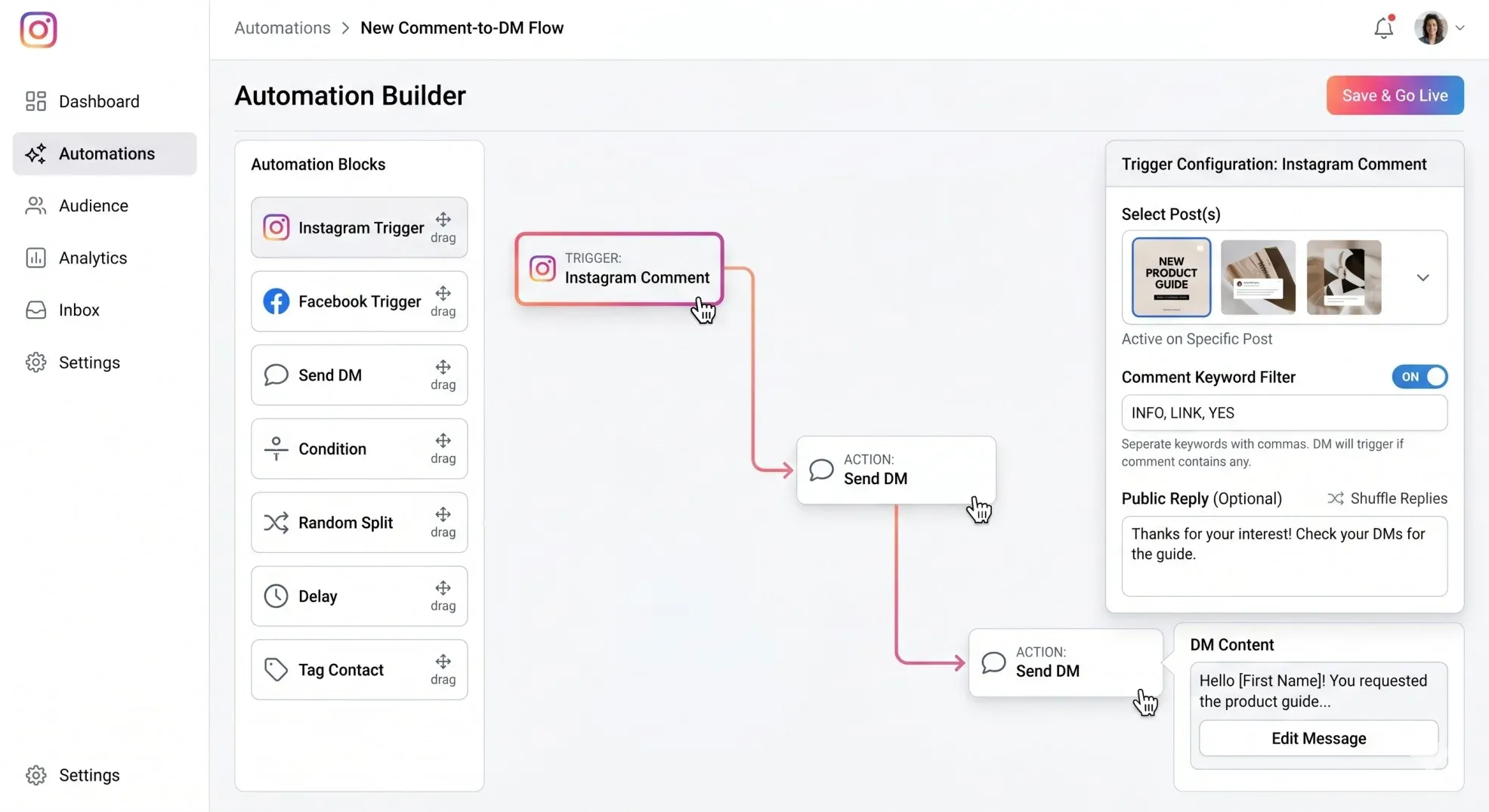 SaaS interface displaying a comment-to-DM trigger setup for chatbot marketing