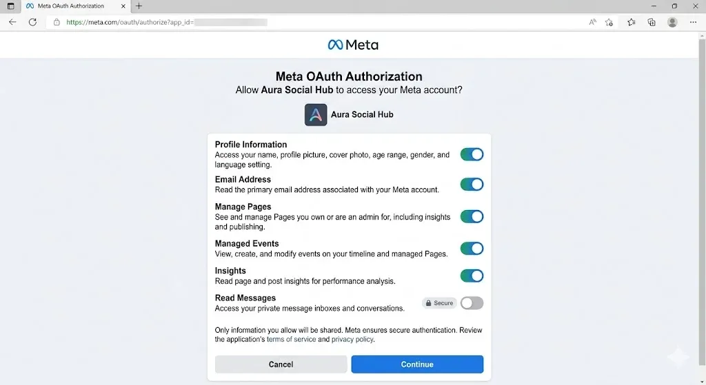Secure Meta API OAuth permissions configuration dashboard