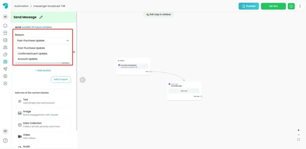 Select a Reason for Broadcasting in Reflys