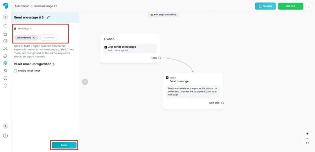 Set Keywords for User Sends a Message