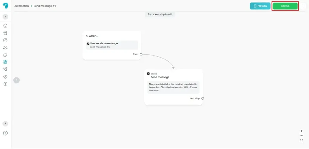 Set up TikTok Automation in Reflys of User Sends a Message