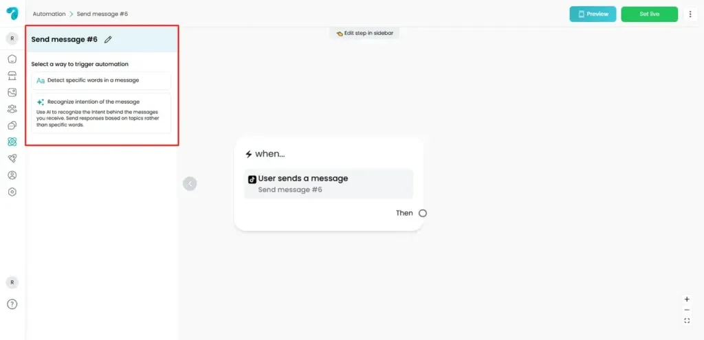 Set up Trigger block of User Sends a Message