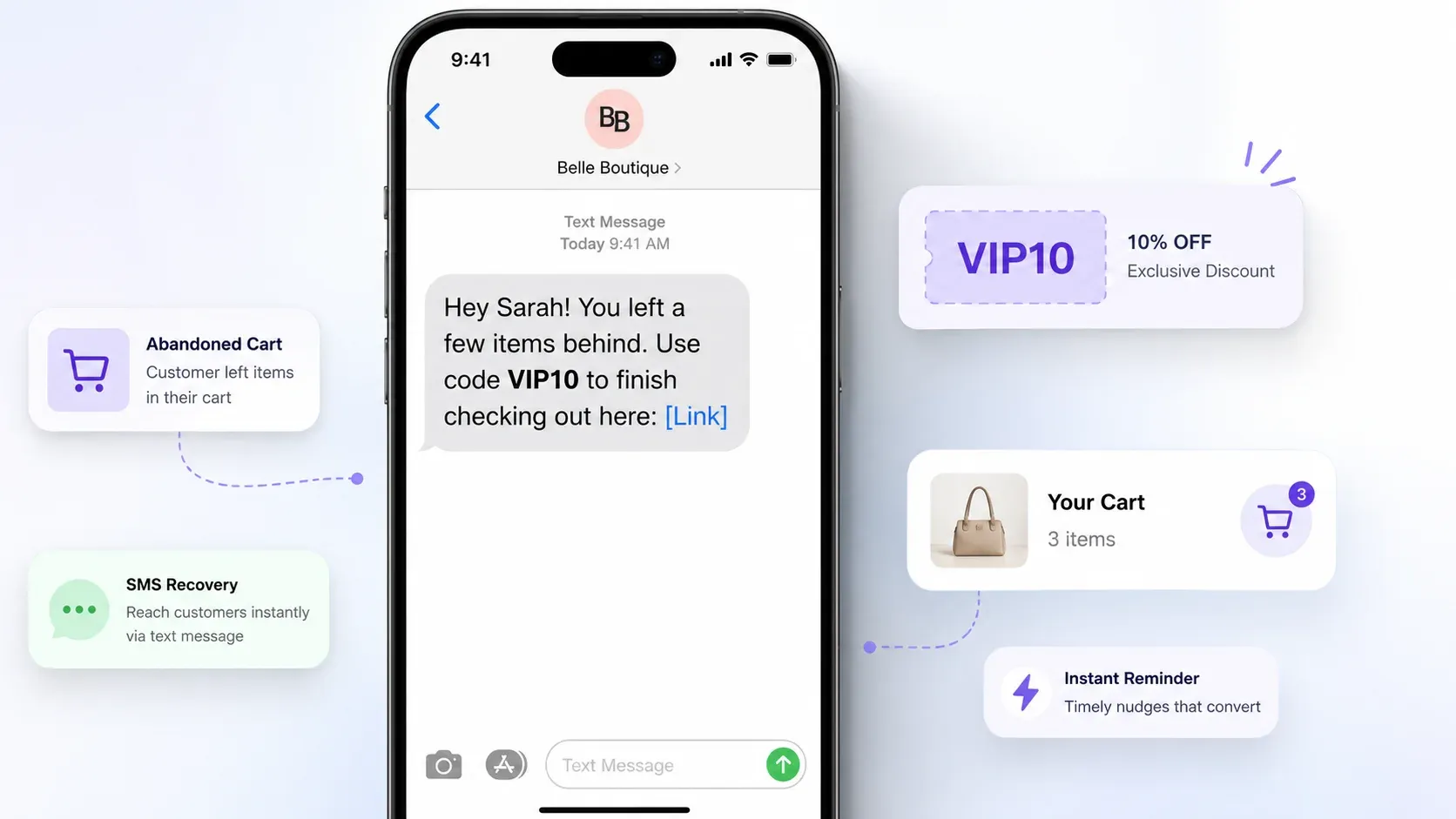 Smartphone screen displaying an automated text message with a Shopify cart recovery link