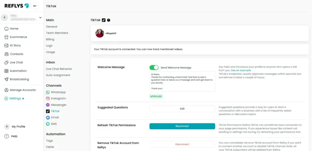 TikTok Account with Reflys Connected