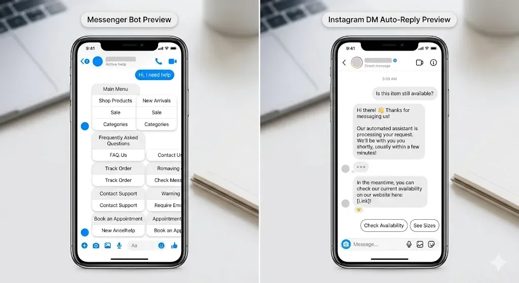 Visual comparison of messenger vs instagram automated chat interfaces