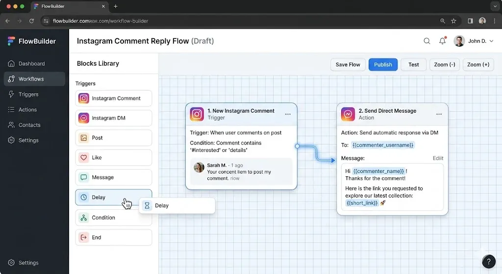 Visual workflow builder for Instagram DM automation and auto-replies