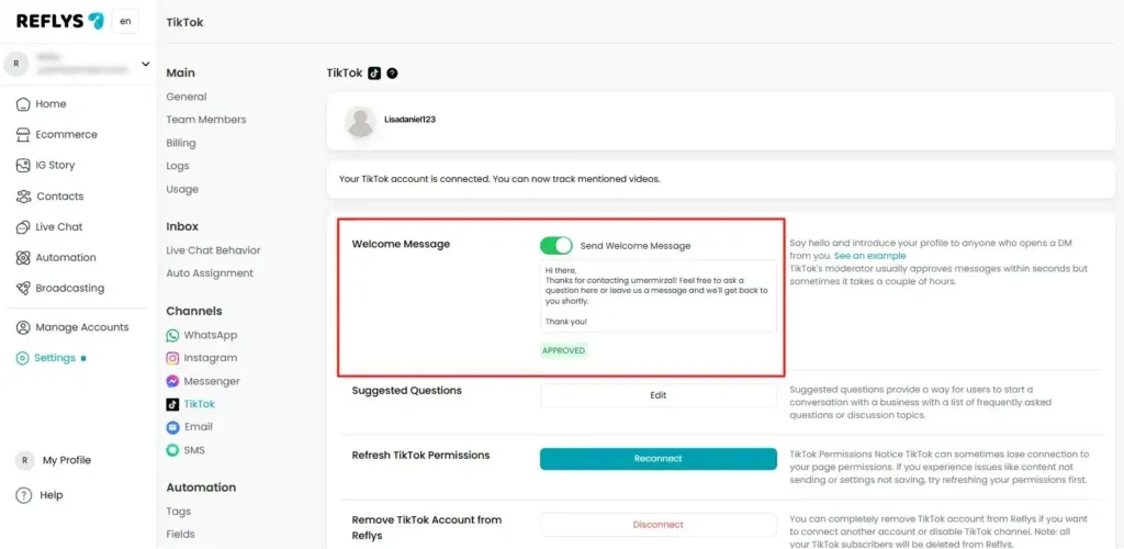Welcome Message for TikTok Automation in Reflys