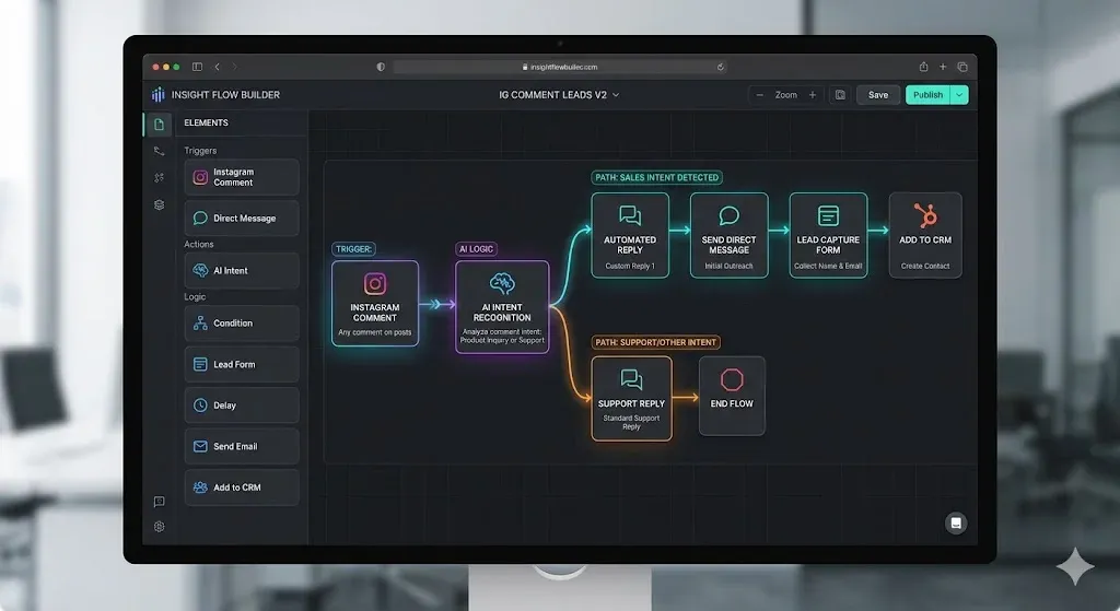 Zero-code visual flow builder for business chat automation and lead routing